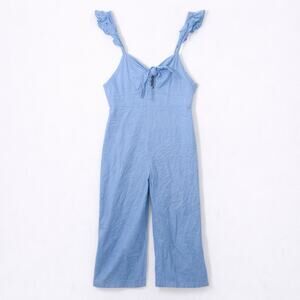 Zara Cottagecore Linen Blend Blue Cutout Wide Leg Romper Sz L Ruffle and Cut-Out
